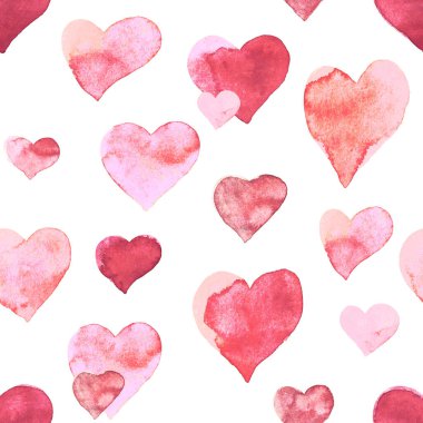 Kusursuz kalp deseni. Elle boyanmış suluboya. Web siteleri için grafiksel tasarım ögesi, sabit yazdırılabilir tablolar, kumaş, yapıştırma kitabı vs..