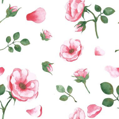 Tomurcukları ve yeşil yaprakları olan çiçek açan bir suluboya seti. Kusursuz desen. Tasarım için elementler.