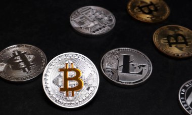 Siyah desenli arka planda Bitcoin ve Litecoin sikkeleri