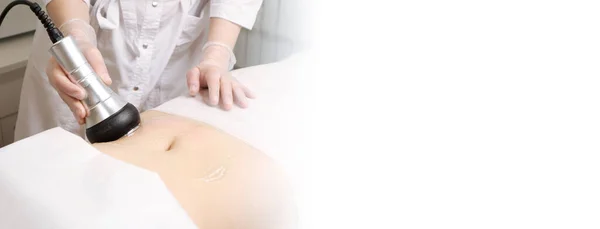 Cavitation Procedure Closeup Beautician Apparatus Cavitation Woman Stomach Concept Skin — Stock Photo, Image