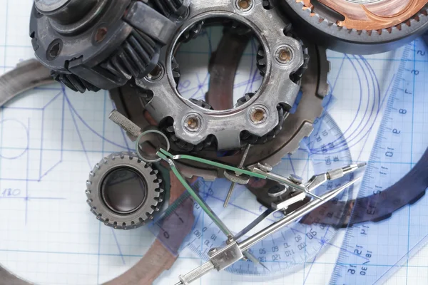 Gears On Blueprint — Stock Photo, Image