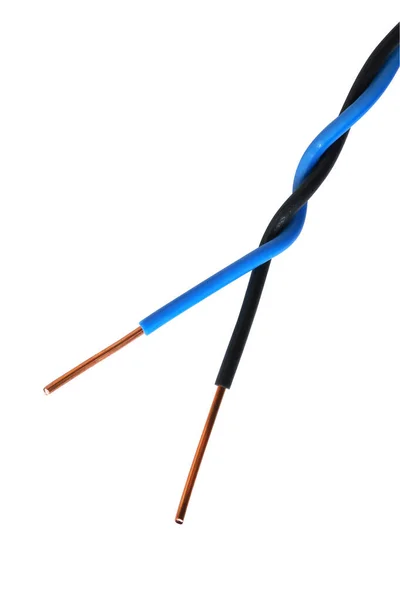 Blå Och Svart Elektrisk Kabel Isolerad Vit Bakgrund — Stockfoto