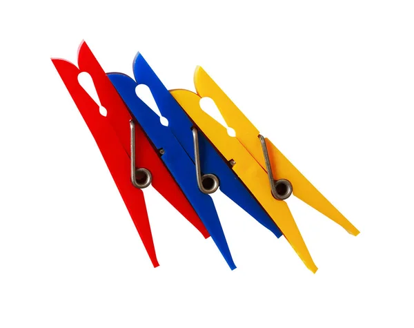 Three Various Plastic Clothespins White Background — Stock Photo, Image