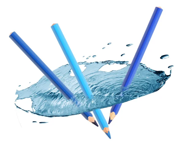 Lápis Azul Desenha Agradável Respingo Água Fundo Branco — Fotografia de Stock