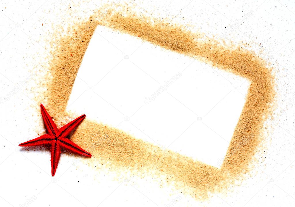 Summer concept. Picture frame with blank space made from sand