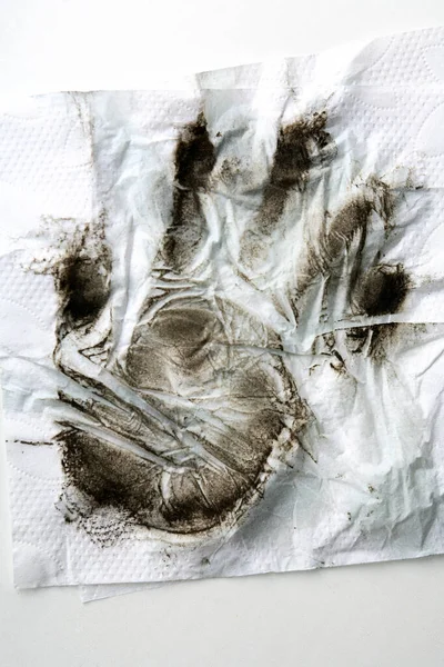 Black Dirty Handprint White Paper Napkin — Stock Photo, Image