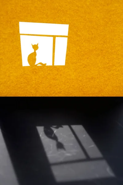 Композиція Вирізається Жовтого Паперу Один Кіт Вікні — стокове фото
