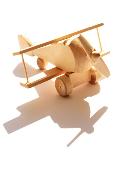 Travel Concept Small Wooden Airplane Sunlight Shadow — Stock Photo, Image