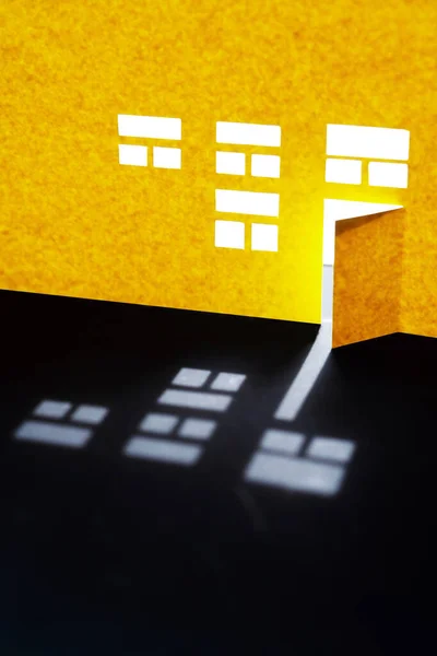 Composition Cutting Paper Yellow House Glowing Windows Open Door — Stock Photo, Image