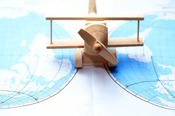 Travel Concept Small Wooden Airplane Map Two Continent — Stock Photo, Image