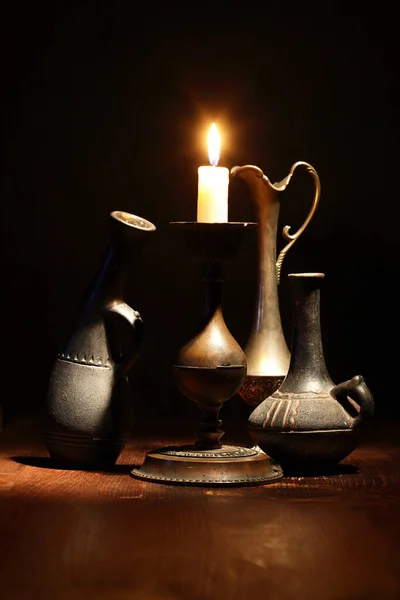Set Nice Ancient Vases Lighting Candle Dark Background — Stock Photo, Image