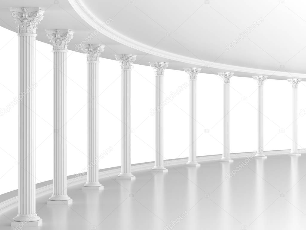 White classic interior with columns (3D rendering)