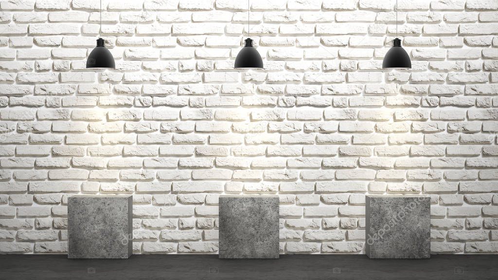 White brick wall with chandeliers (3D rendering)