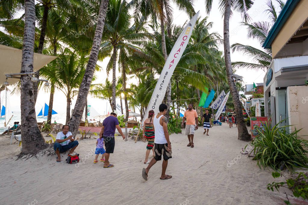 Local Shops And Bars On Boracay Long White Beach Stock