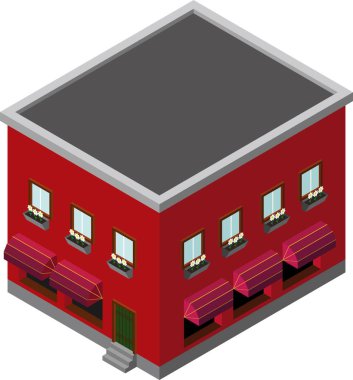 Çiçekleri ve restoranı beyaz arka planda izole edilmiş 3D izometrik kırmızı ev
