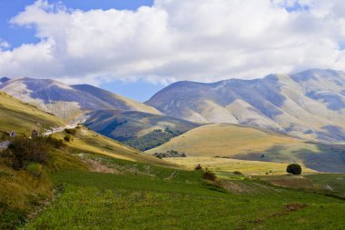 Sibillini Dağları Ulusal Parkı. İtalya, Umbria 'daki Castelluccio di Norcia' daki tarlalar. Ekim 2019.