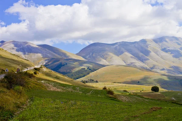 National Park of the Sibillini Mountains. Fields in Castelluccio di Norcia, Umbria, Italy. October 2019.