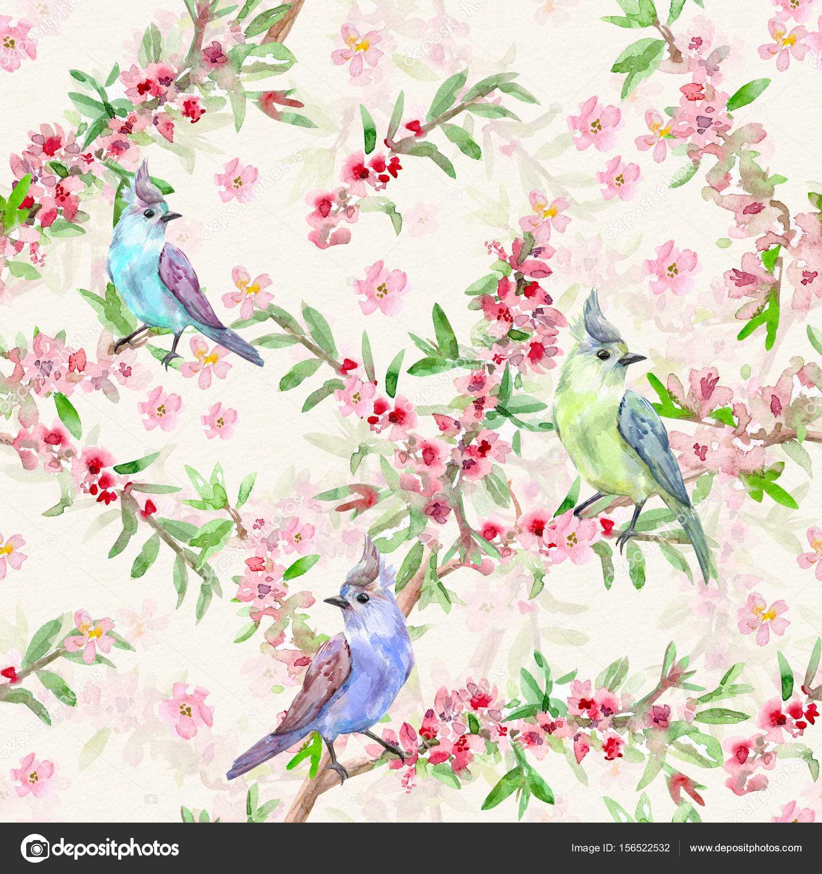 Texture with cute birds and flowers — Stock Photo © Oksana #156522532