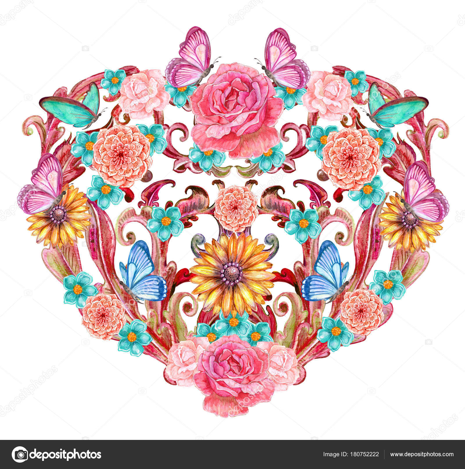 Cuore floreale barocco romantica con fiori e farfalle per il vostro disegno pittura ad acquerello — Foto di Oksana