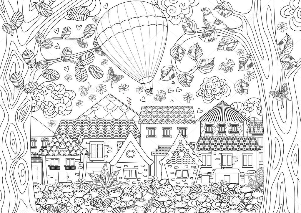 塗り絵のかわいい街上空の熱気球と素朴な風景のベクター イラスト デザイン — ストックベクター © Oksana #192112992