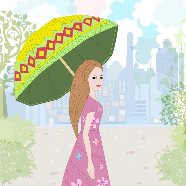 romantic girl with umbrella in city for your design