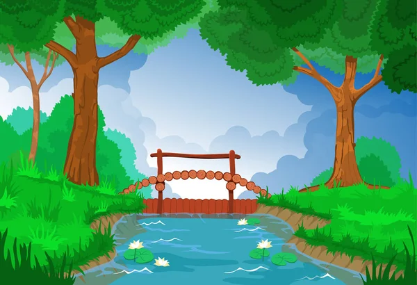 Wallpaper, wood and forest river with a dam — Stock Vector