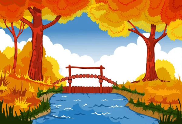 Papel pintado, madera y bosque río con una presa — Vector de stock