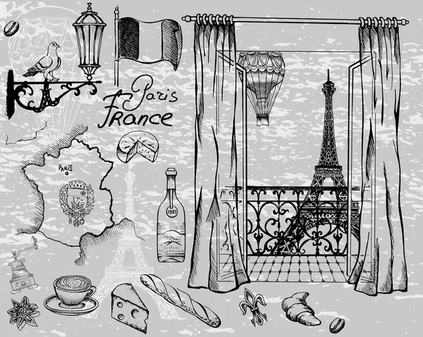 명소와 파리의 매력의 사항에서 파리의 Viewsview — 스톡 벡터
