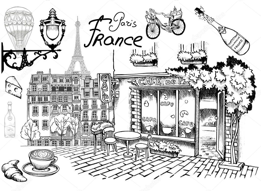 Parisian views Paris cafe on a romantic streetAttractions and details of the exquisite charm of Paris