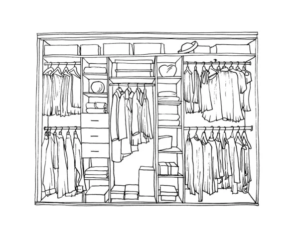 Graphic sketch of a wardrobe with shelves, hangers and clothes