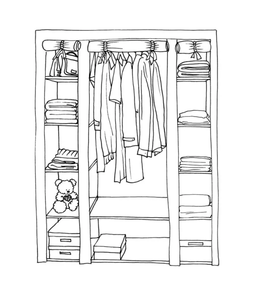 Graphic Sketch Wardrobe Shelves Hangers Clothes — Stock Photo, Image