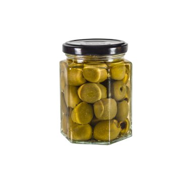 Canned olives in a glass jar. Isolated on white.