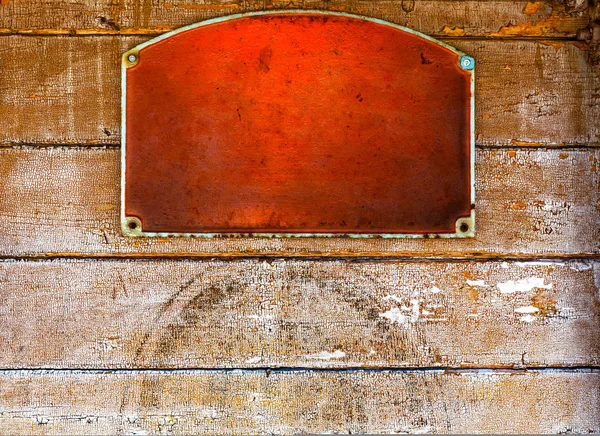 Metal Rusty Orange Plate Wooden Brown Wall — Stock Photo, Image