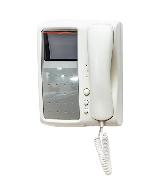 Interfone Branco Parede Com Aparelho Isolado Branco — Fotografia de Stock