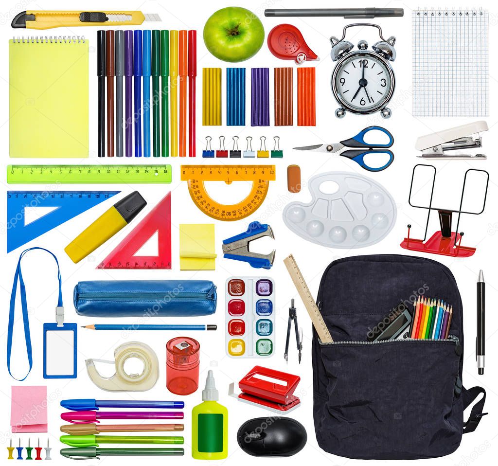 Big set of stationery and school bag. Isolated on white.