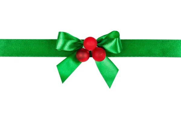 Πράσινο Φιόγκο Κορδέλα Χριστουγεννιάτικες Μπάλες Απομονωμένα Λευκό Φόντο — Φωτογραφία Αρχείου