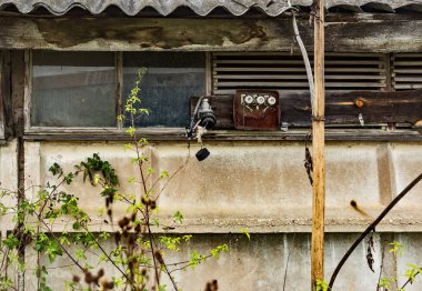 Ruined building broken glass. .Abandoned collective farm. Russia, Tula region.