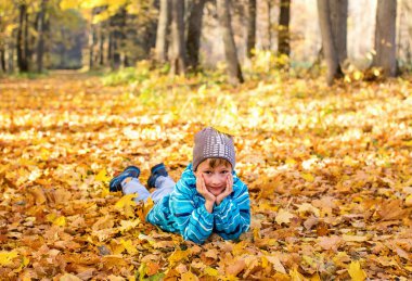 Child boy in autumn park with foliage. He lies on the yellow leaves.