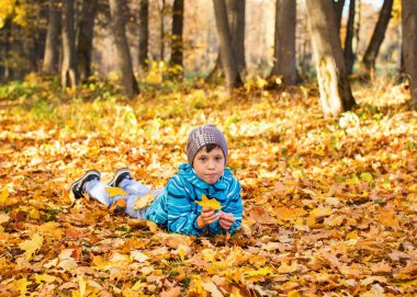 Child boy in autumn park with foliage. He lies on the yellow leaves.