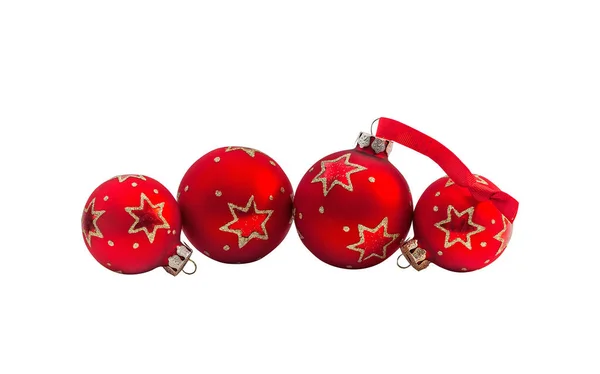 Heldere Rode Kerstballen Kerstbal Met Ornament Liggend Wit Geïsoleerd — Stockfoto