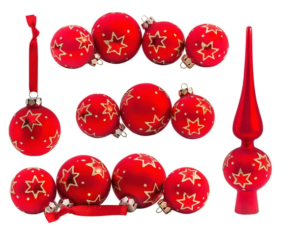 白い背景に隔離された装飾が施された赤いクリスマスの泡 ボールとトップツリーのセット — ストック写真