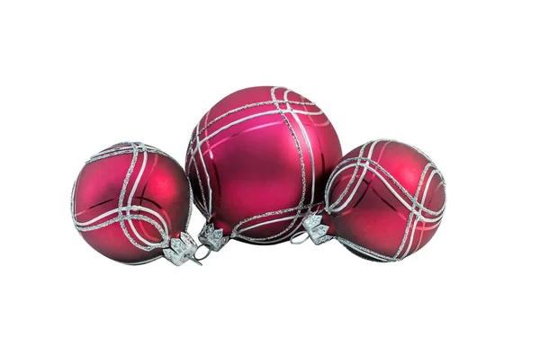 Heldere Rode Kerstballen Kerstbal Met Ornament Liggend Wit Geïsoleerd — Stockfoto