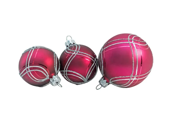 Bolas Natal Vermelho Brilhante Bugiganga Com Ornamento Deitado Branco Isolados — Fotografia de Stock