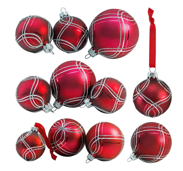 Conjunto Bugigangas Natal Vermelho Bola Com Ornamento Isolado Fundo Branco — Fotografia de Stock