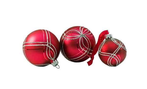 Bolas Natal Vermelho Brilhante Bugiganga Com Ornamento Deitado Branco Isolados — Fotografia de Stock