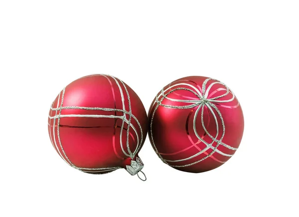 Bolas Natal Vermelho Brilhante Bugiganga Com Ornamento Deitado Branco Isolados — Fotografia de Stock