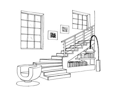 Evdeki grafik çizim odası. Merdivenler ikinci kata..