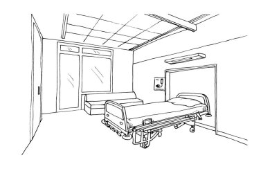 Grafik eskiz hastanesi koğuşu, klinik odası içi. Hastasız boş bir oda..