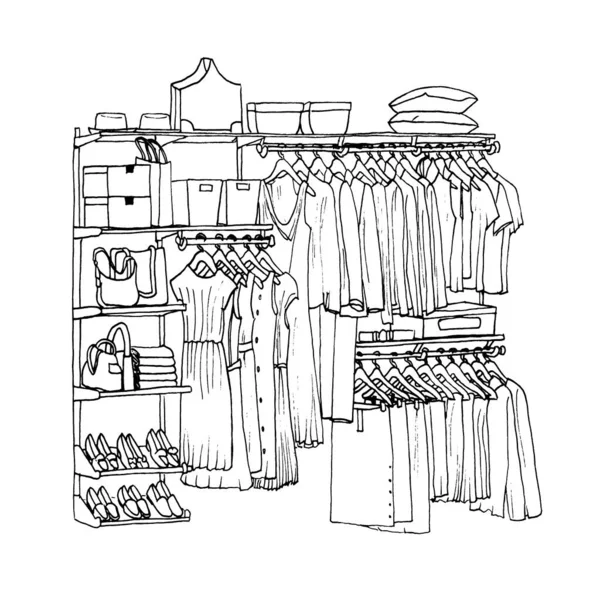 Hand Drawn Wardrobe Sketch Room Interior Clothes Women — Stock Photo, Image