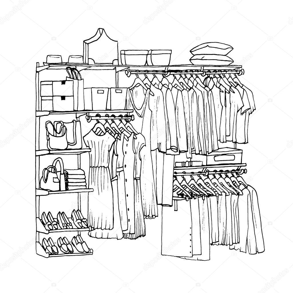 Hand drawn wardrobe sketch. Room interior with clothes, for women